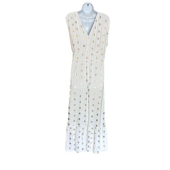 Boden Maxi Dress Size 16/18 White Gold Foil Leaves Ruffle Hem Deep V-Neck NWT - Picture 6 of 11